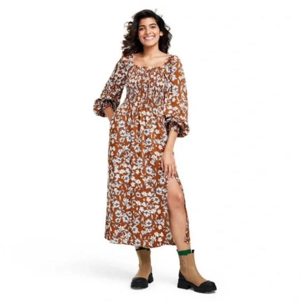 Women's La Ligne x Target Brown/White Floral Smocked Bodice Midi Dress - - Picture 2 of 4